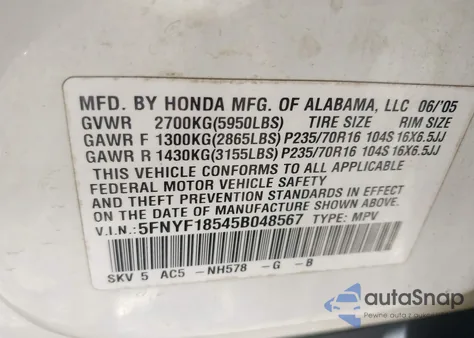 2005 Honda Pilot Ex-L из США, поврежденный, VIN 5FNYF18545B048567